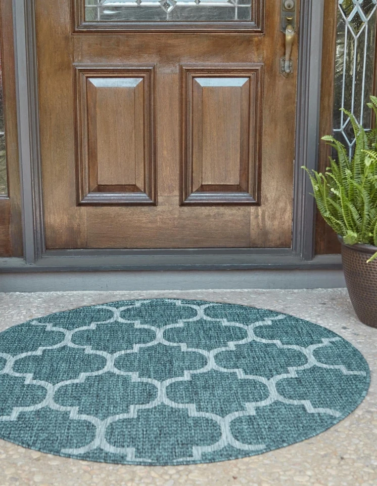 Unique Loom Outdoor Trellis Collection Area Rug (3' 3" Round, Teal/ Gray) - Image 4 of 4
