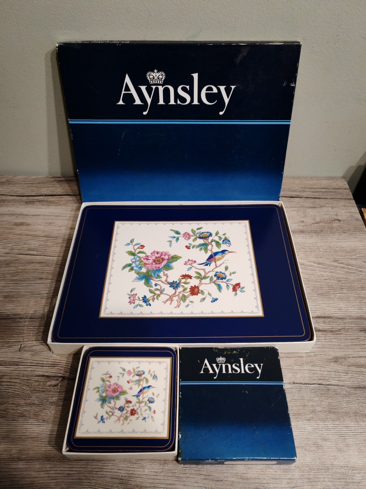 Aynsley 5 Placemats 6 Coasters Set Floral Bird Cork Back Acrylic Vintage Boxed