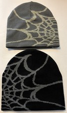 Lot of 2 NEW - Y2K Spiderman Web Knit Beanie Black Gray Adult Hat Cap NIP