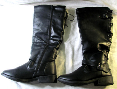 WANTED Women's Lady Luck Lace Back Low Heel Knee Boots Black Sz 7 Gothic Riding