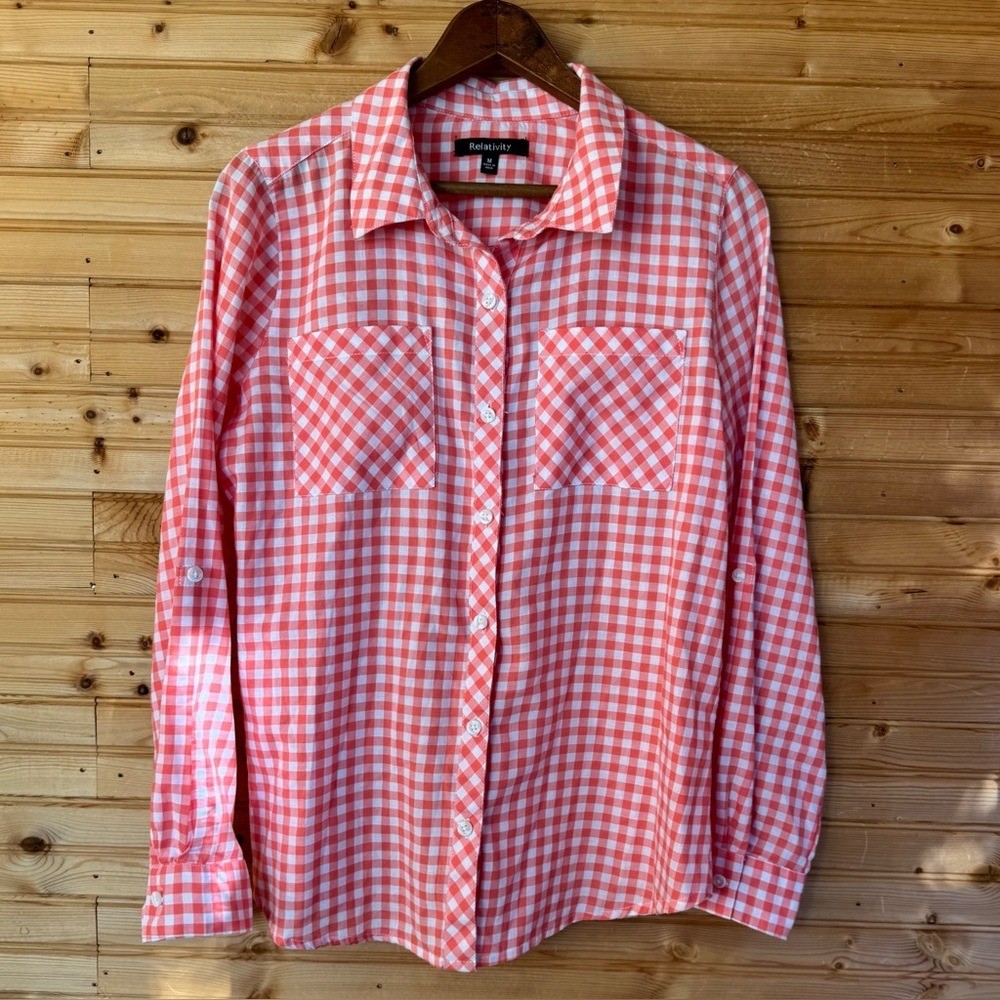 Relativity Long Sleeve Button Down Gingham Checke… - image 1
