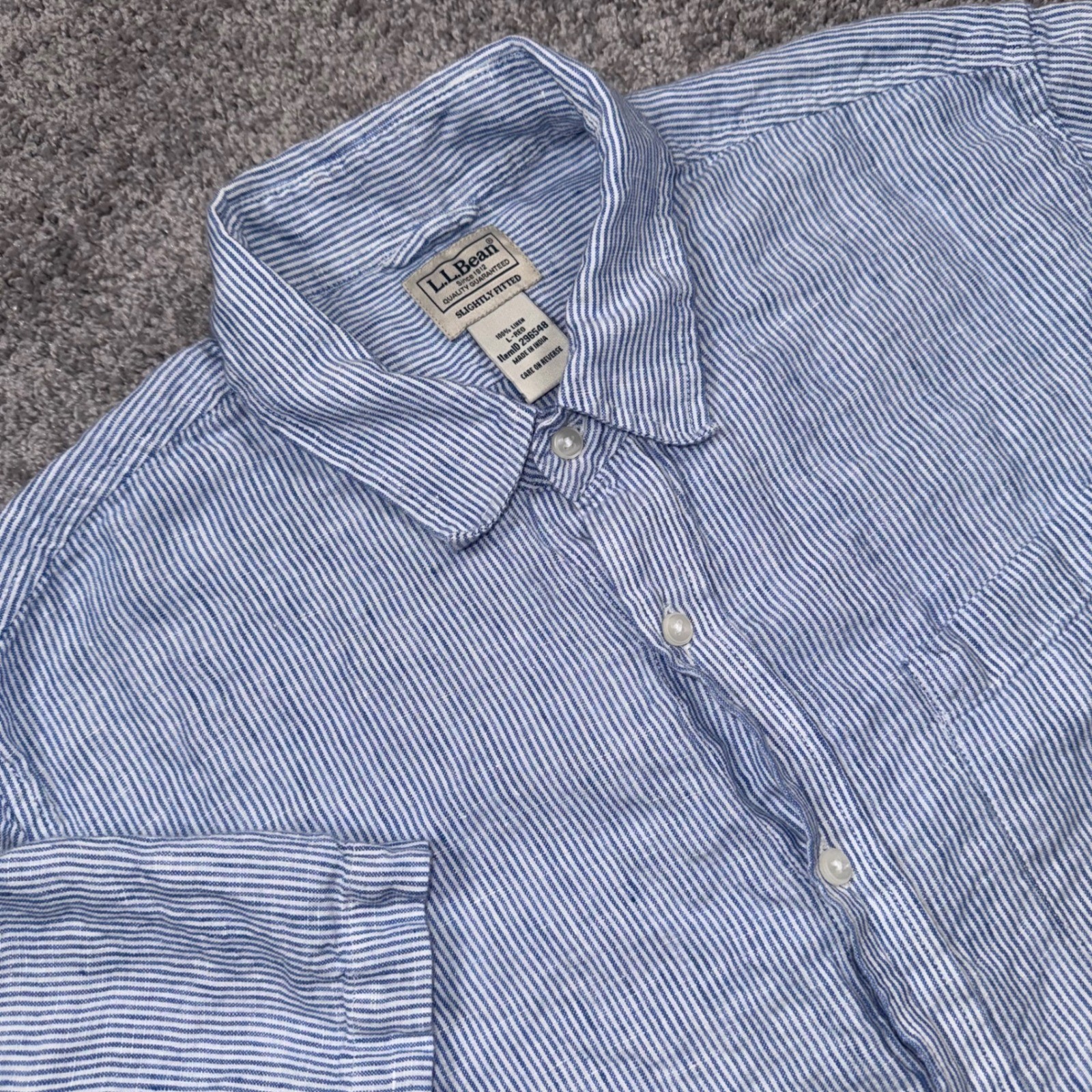 LL Bean Button Down Mens Linen Striped Short Sleeve Blue Large EXCELLENT