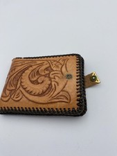 VTG Hand tooled  Floral Design  Leather Wallet Hand Laced Bifold Western Cognac