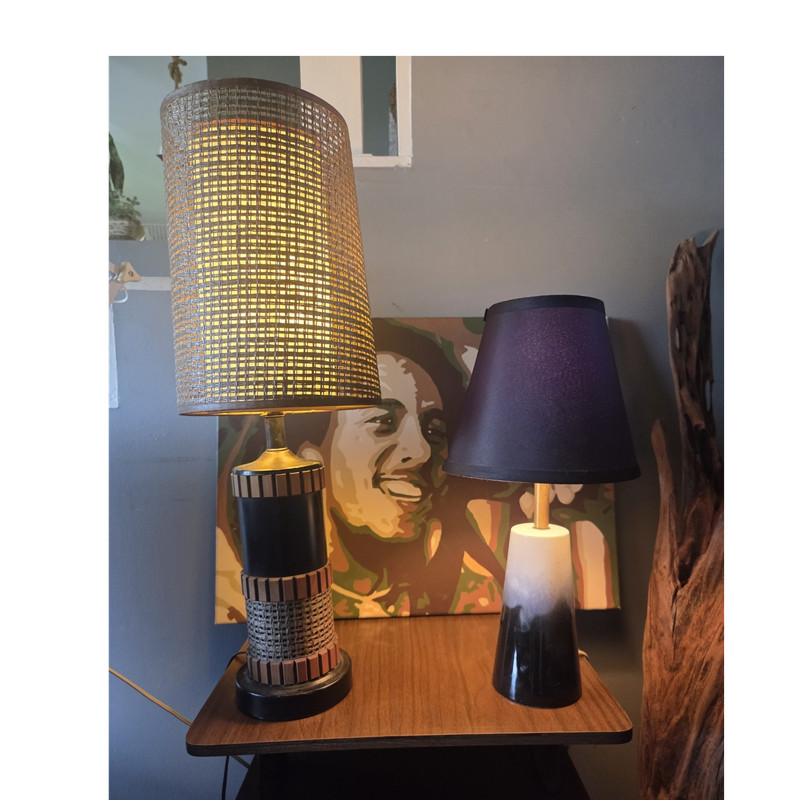 Mid-Century Modern Pair Table Lamps Ceramic Black Beige Blue Drum Cone Shades