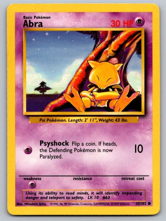 Abra 43/102 Common Base Set Unlimited Pokemon Lightly Played