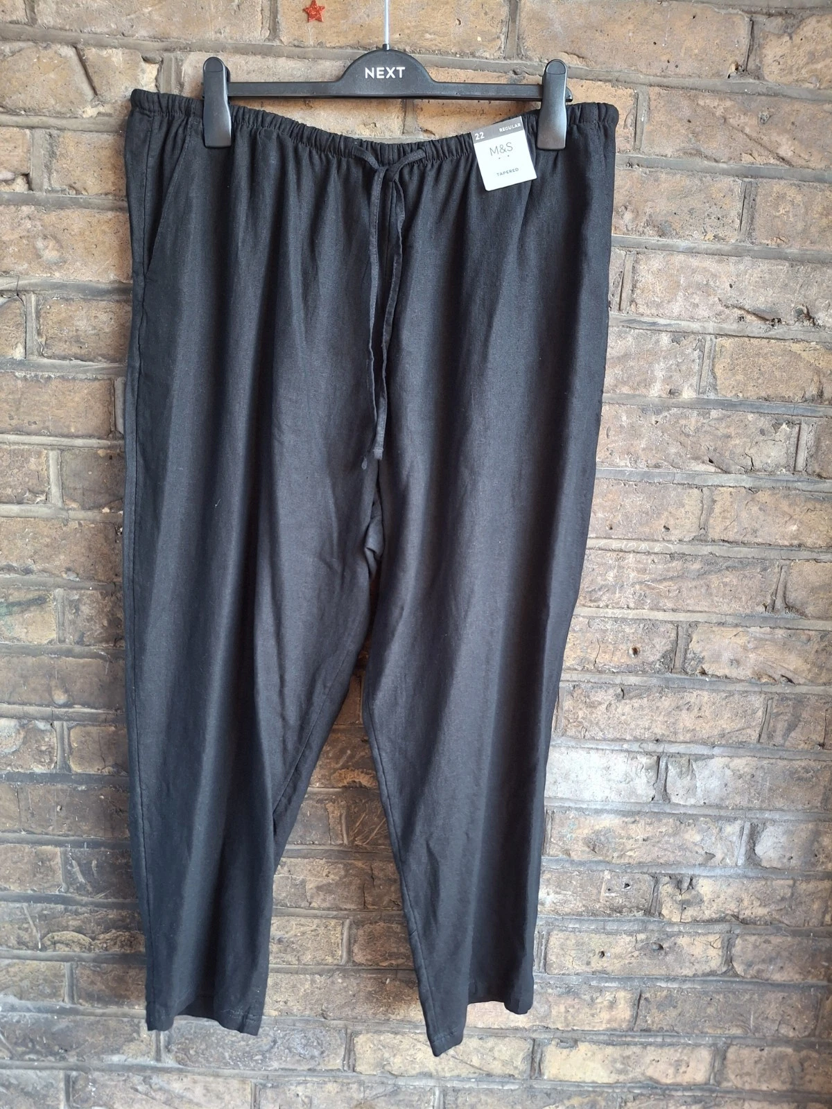 New M&S Ladies Black Linen Rich Tapered Leg Easy To Iron Trousers Size UK 22
