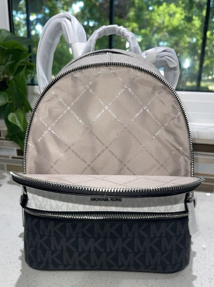 Michael Kors Rhea Medium Metallic MK Logo Backpack Silver Tone Zip Bag EUC NWT Michael Kors Rhea Medium Colorblock Silver Hardware  main image 2