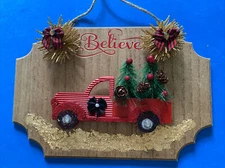 Christmas Sign Decor Wood Plaque Hanging Wall Art Xmas Sign 9x6” red truck Tree