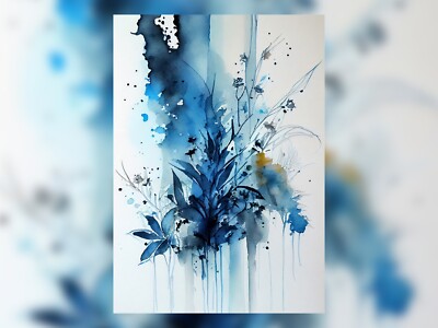 Blau Blumen Abstrakt Aquarell Kunstdruck Wohndeko Moderne Moderne Kunst 5x7