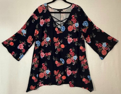 Alyx  Blouse Women 3X  Blue Floral  3/4 Bell  Sleeve V Neck Lightweight Business