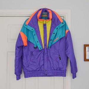 orange and blue ski jacket