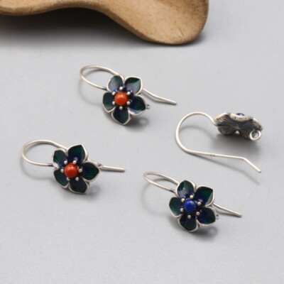 L22 Earrings Small Flower with Lapis Lazuli or Agate Sterling Silver 925