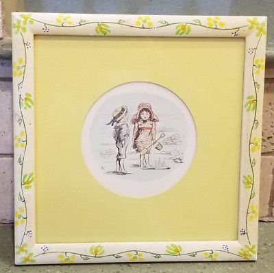FRAMED~WATERCOLOR PRINT~KATE GREENWAY~SIGNED KC~ANTIQUE CHILDREN BEACH 12x12 VTG