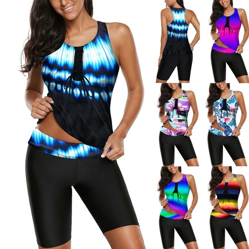 Women Sporty Tankini Sets With Boy Shorts Swimwear Two Piece Swimsuit UK 8-16