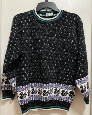 VTG G.F.C LTD Knit Black Turquoise Purple  Crew Neck Swan Knit Sweater Sz 38 /M