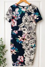 ASOS Floral Dress Size 14 Navy Blue Scuba Bodycon Midi Wedding Guest Occasion