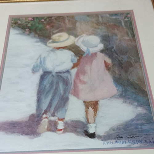 Jean Coutu Signed Framed Impressionist Print Two Children Walking Portrait