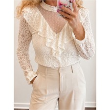 Embossed Ruffle Lace Blouse White Size Medium Long Sleeves High Neck
