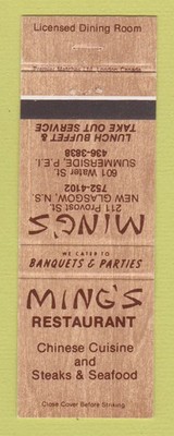 Matchbook Cover - Ming's Chinese Restaurant New Glasgow NS Summerside PEI