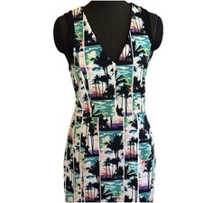 Nicole Miller Dress Sz L Tropical Photo Strip Palm Trees Sleeveless Sheath