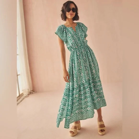 Anthropologie Omika Cora Midi Tasseled Boho Dress Handmade Moss Green SZ M $385
