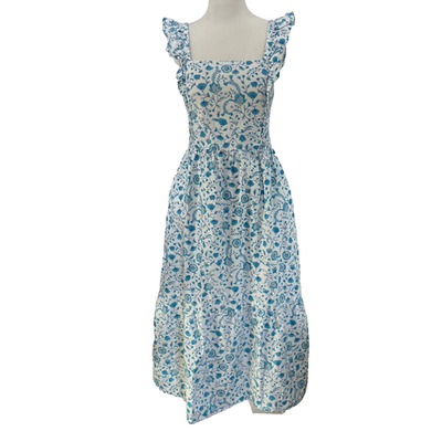 #ad Draper James Size M Cottagecore Smocked Midi Dress Blue Floral Pockets Ruffles $29.74