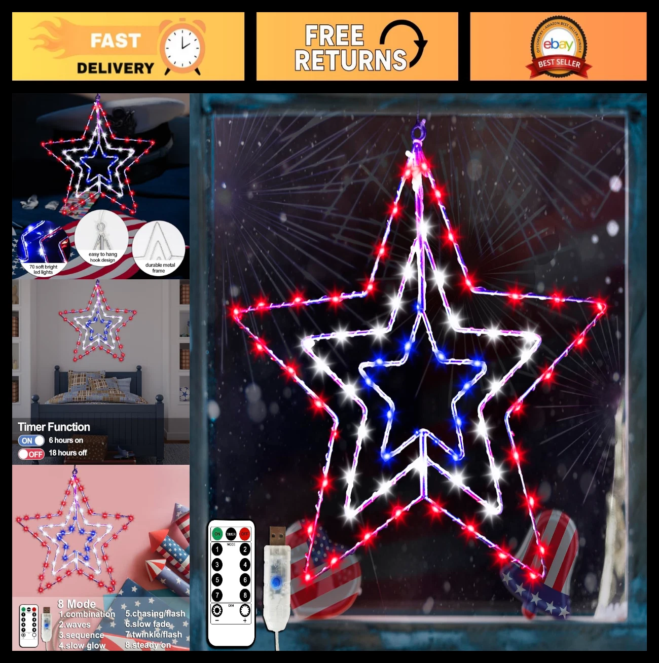 Patriotic 4th of July Decorations - Red White Blue Star Lights, 70 LED Fairy Lig