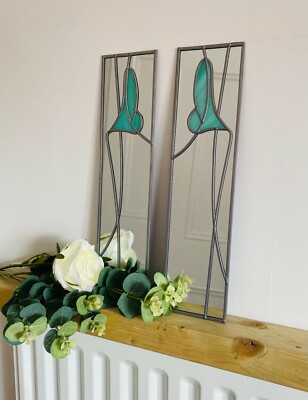 10x40cm Paar Lily Duck Egg Buntglas Effekt Spiegel Handarbeit in UK