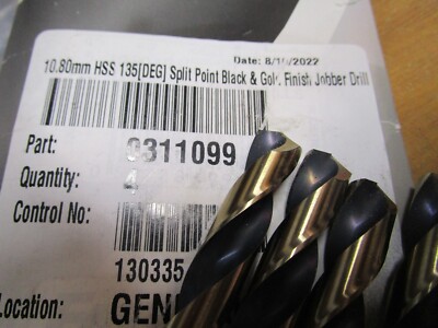 10.80mm HSS 135° Split Point Black and Gold Finish Jobber Drill QTY 5