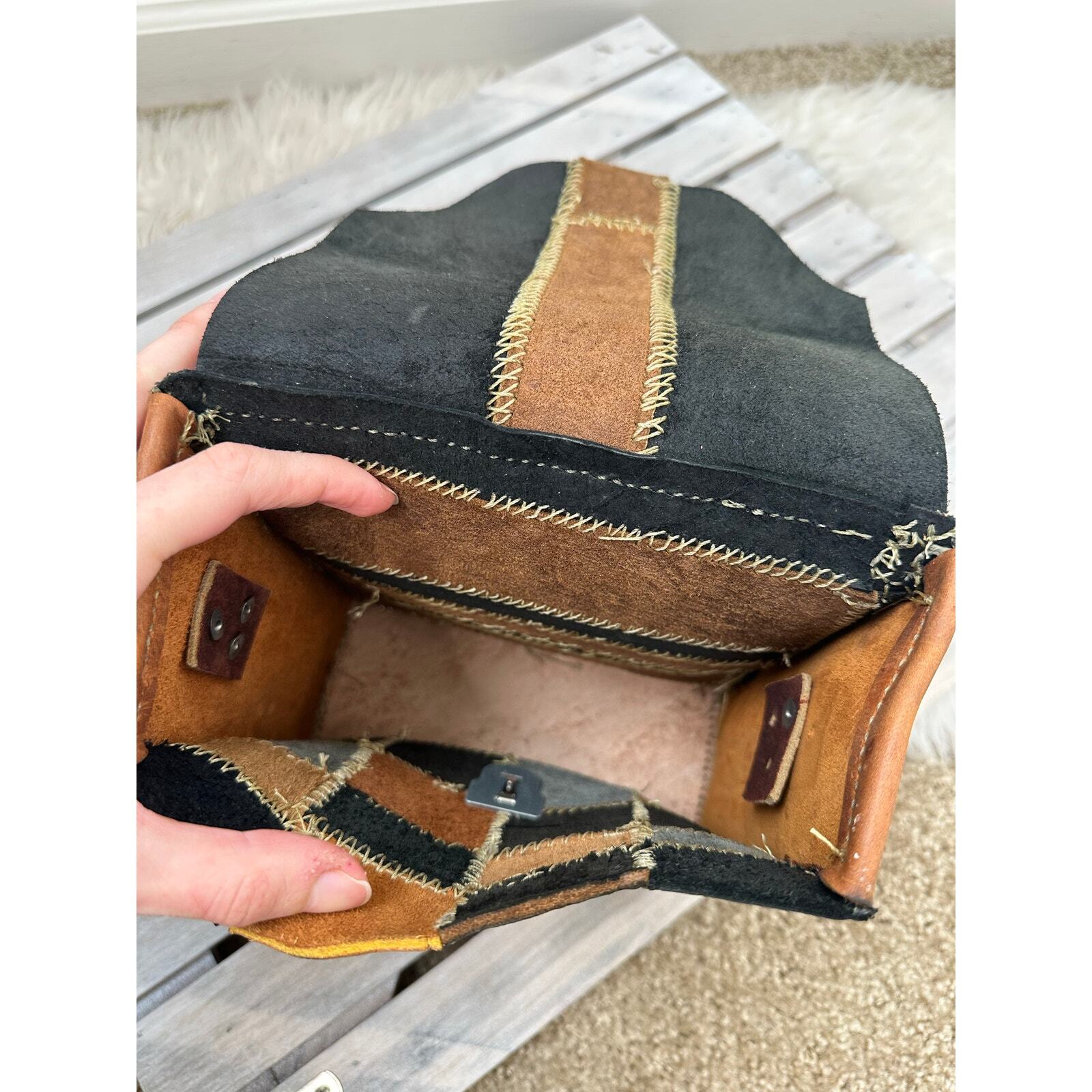 Leather Patchwork Handmade Stitched Black Brown T… - image 10