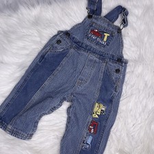 Vintage Pinstriped Denim Bib Overalls Embroidered Trucks 12 Months