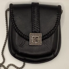 HOME INTERIORS AND GIFTS BLACK LEATHER, SMALL CROSS BODY PURSE ON CHAIN