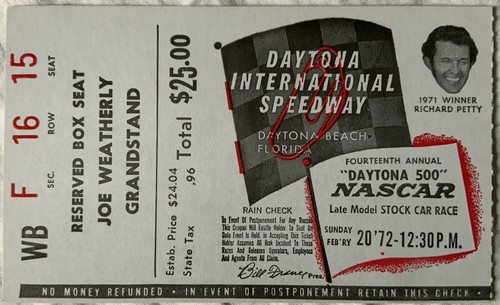 1972 NASCAR Daytona 500 Ticket stub - A J Foyt 6th Win, Only 3 Drivers ...