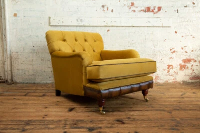 HANDMADE LOW MUSTARD VELVET CHESTERFIELD ARMCHAIR, ANTIQUE TAN LEATHER DETAILS