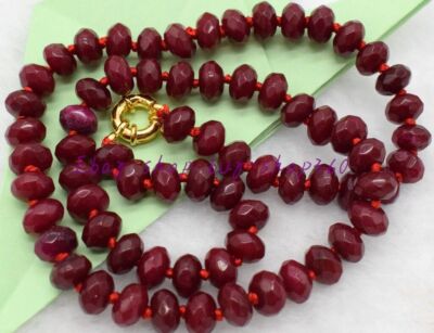 18 Inch Red Jade Gemstone Bead Necklace - 5x8mm Faceted Rondelle Beads, Silver Plated