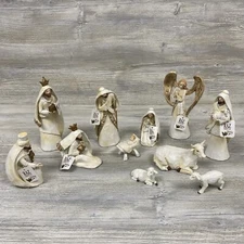 Raz Imports 13 Piece Nativity Set White Gold Metallic Manger Scene Christmas