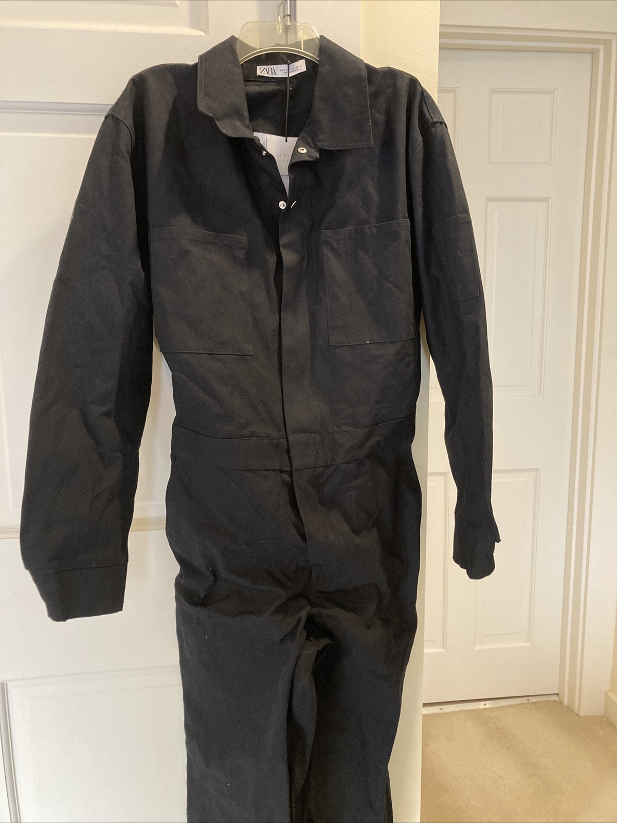 Zara Dark Navy Cargo Style Long Sleeve Jumpsuit Overalls Collar Small Runs Large