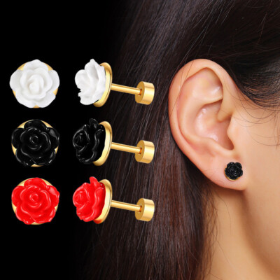 18K Gold Ear Studs Stainless Steel Women's White/Black/Red Rose Flower  Earrings