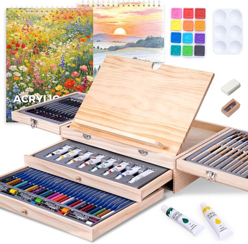TMOL 85 Piece Deluxe Wooden Art Supplies, Art Kit with Easel, Sketching Pencils,