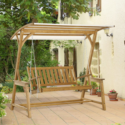 2 Seater Porch Swing with Canopy Wooden Patio Swing Chair Outdoor Swing Seat