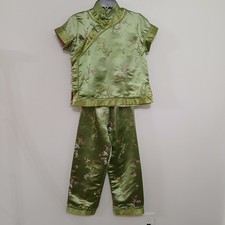 Asian Style Pajama Set Children's Satin Green Floral