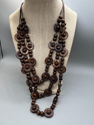 Bohemian Boho Wooden Flat Circle Link with Bead 3 Strand Necklace