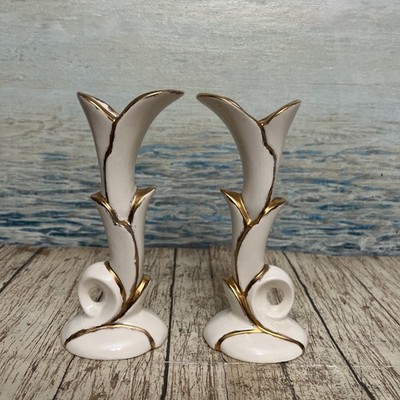 Calla Lily Bud Vase Porcelain China Vintage Set Of 2 White And Gold 6 Hx2 5/8 W
