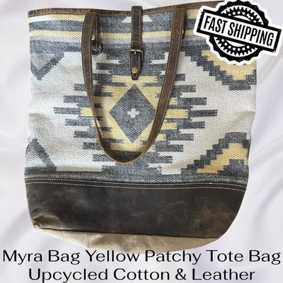 Myra Bag Yellow Patchy Tote Bag Upcycled Cotton & Leather FAST SHIPPING