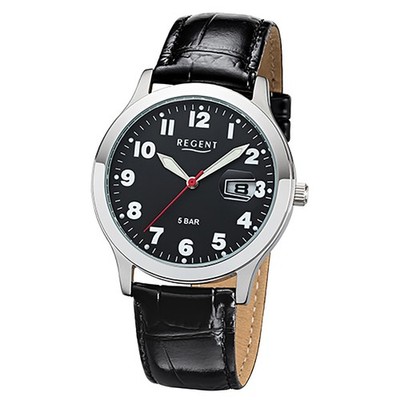 Regent Herren-Armbanduhr schwarz Analog F-1023 Leder-Armband URF1023