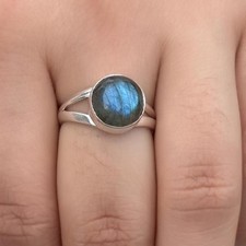 Natural Round Blue Labradorite Gemstone 925 Sterling Silver Artisan Gift Ring