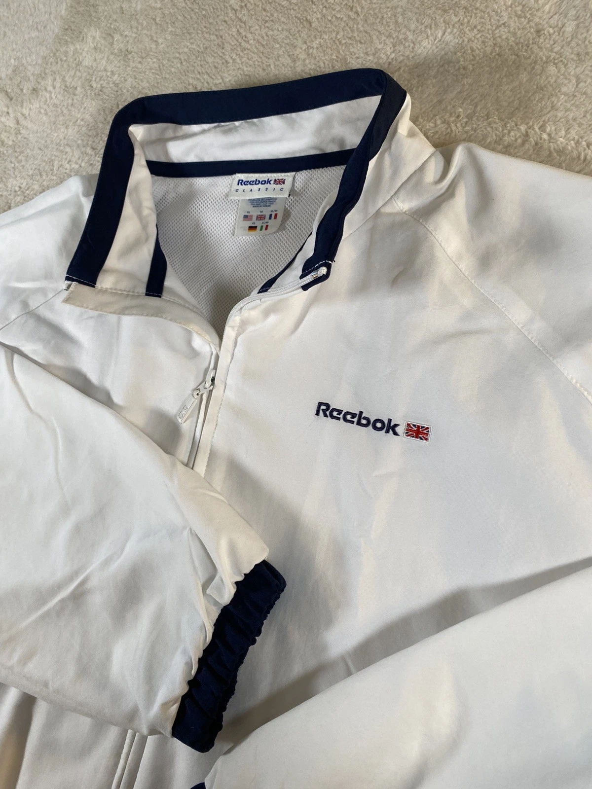 Vintage Reebok Classic Windbreaker Jacket Mens XL White Blue Full Zip Mesh Lined