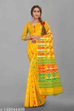 Indian Women Cotton Linen Dhakai Jamdani Saree Without Blouse Festive Wear Sari