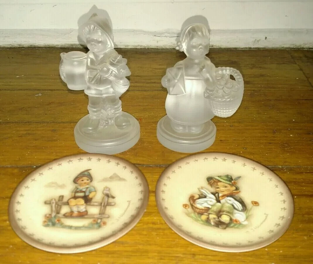 Lot of 4 vintage Hummel Goebel items. 2 crystal boy and girl and 2 small plates