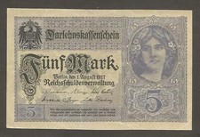 Germany 5 Mark 1.8.1917; EF; P-56; BNB-B120; World War I print; 8 digit ser. #